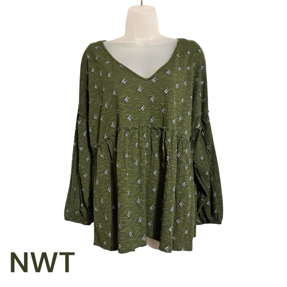 Wonderly Olive Green V-Neck Babydoll Top with Micro Print